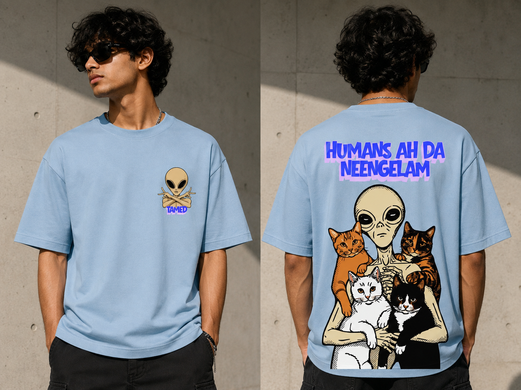 Tamil Alien Cat Oversized T-Shirt | HUMANS AH DA NEENGELAM™ | TAMED