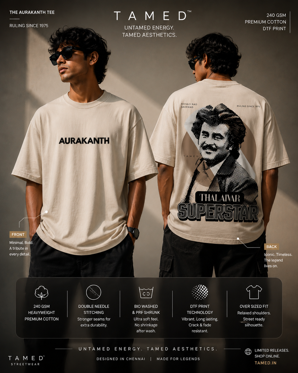 AURAKANTH™ — Vintage Rajinikanth Thalaivar Superstar 240 GSM Oversized T-Shirt