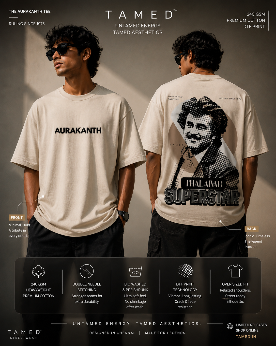 AURAKANTH™ — Vintage Rajinikanth Thalaivar Superstar 240 GSM Oversized T-Shirt