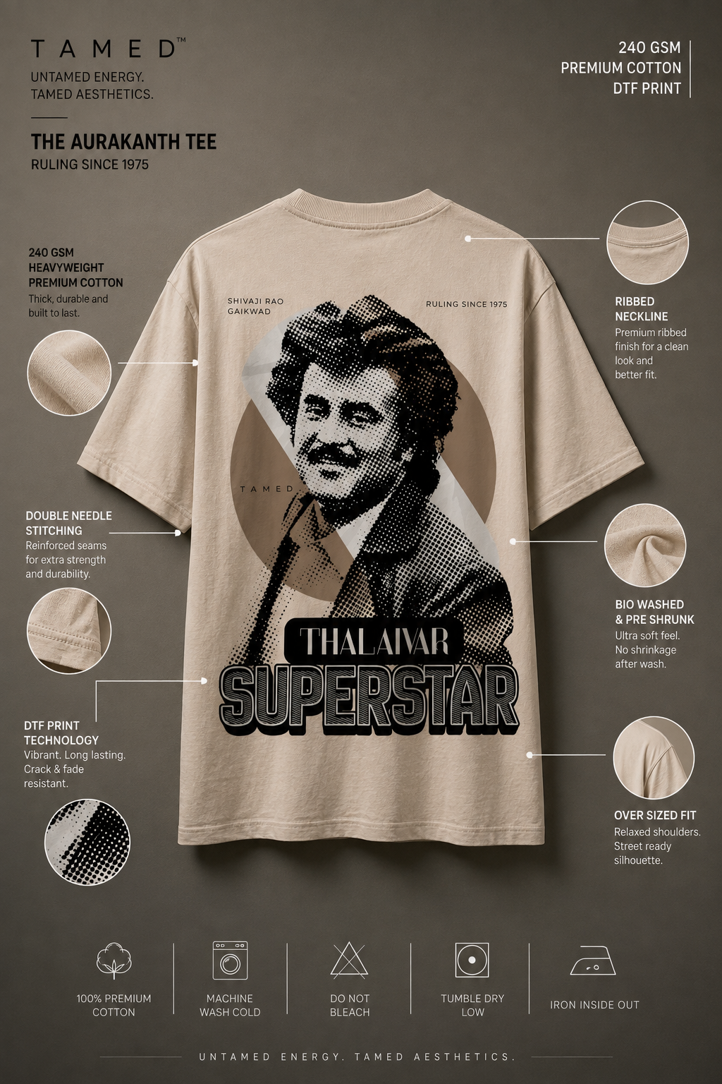 AURAKANTH™ — Vintage Rajinikanth Thalaivar Superstar 240 GSM Oversized T-Shirt