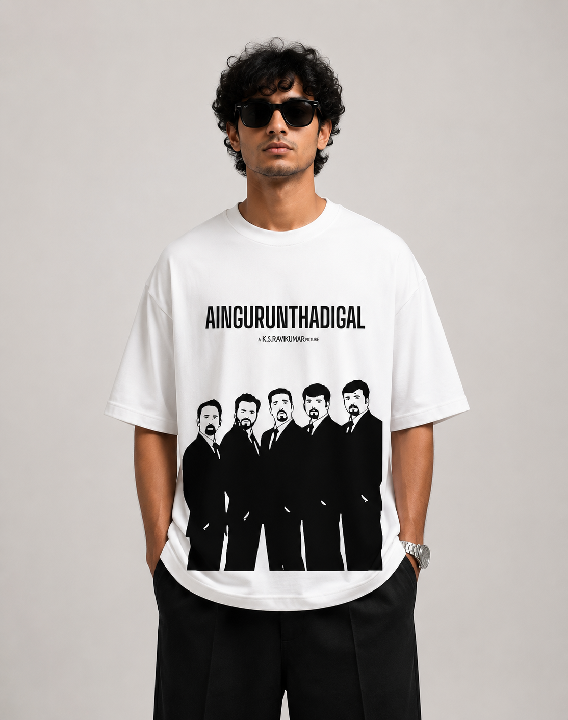 AINGURUNTHADIGAL™ – Premium Oversized White Graphic T-Shirt | Tamil Cinema Streetwear
